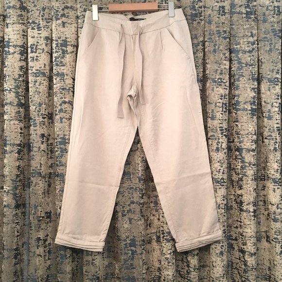 Sand Coloured Tie Waist Pleated Trousers - Picture 1 of 16